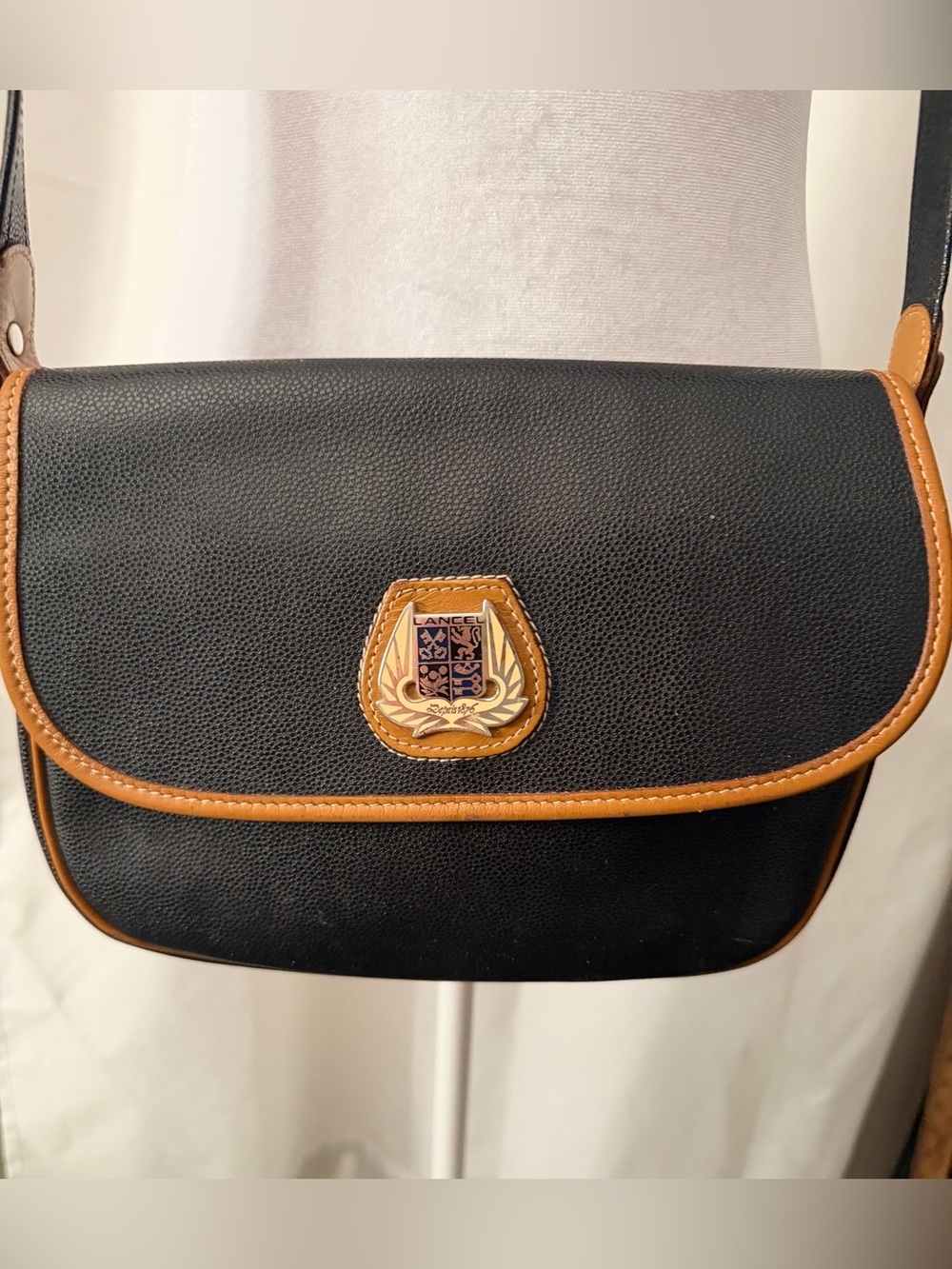 Original LANCEL Paris Black and Tan Crossbody Bag with LANCEL Crest Accent